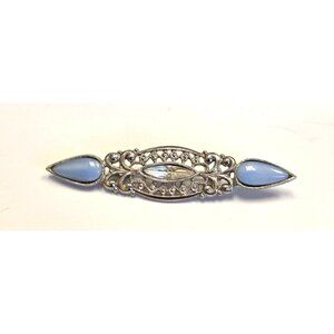 Vintage Silver-Tone Filigree Brooch With Blue Glass Accents & Clear Rhinestone C